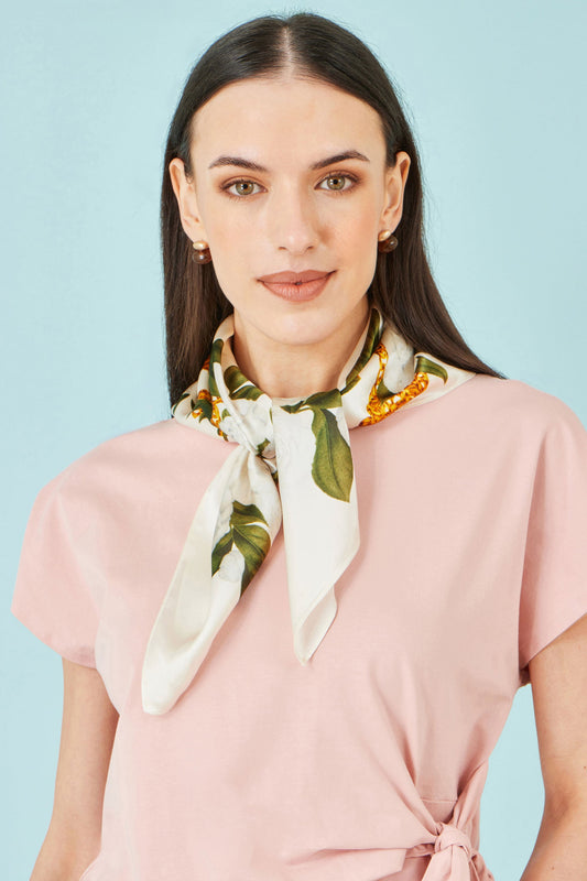 Ivory Botanical Rose Print Scarf - 100% Silk