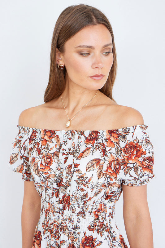 The Off-Shoulder – Orange Floral Midi Dress