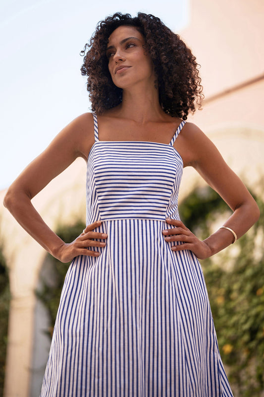 Blue Stripe Cotton Sun Dress With Ruched Back