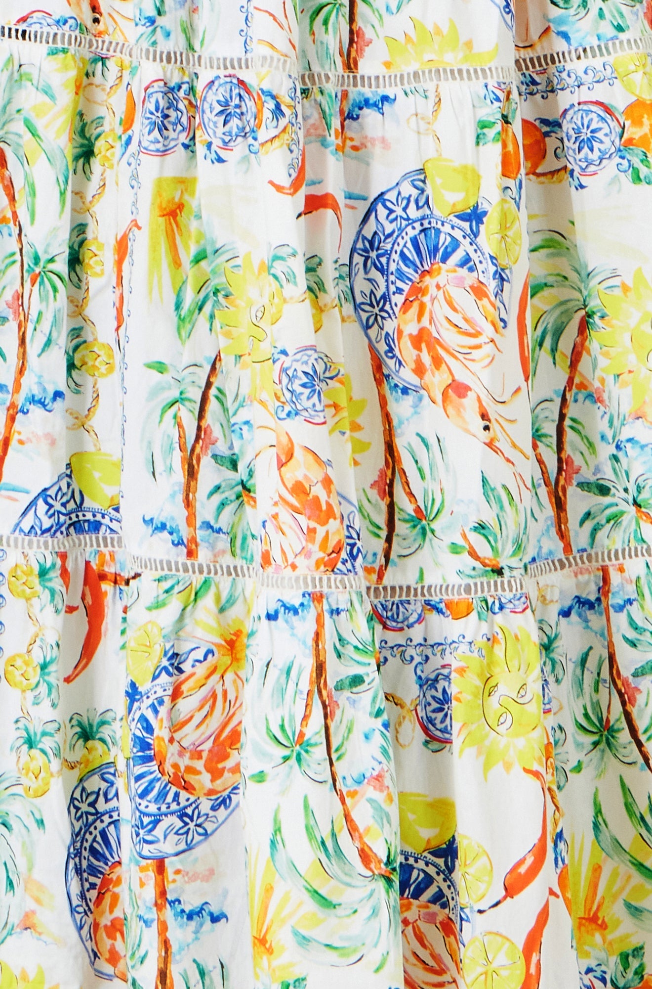 White Mediterranean Print Cotton Midi Sun Dress
