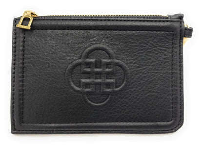 Black leather pouch with gold zipper and embossed logo on a white background
