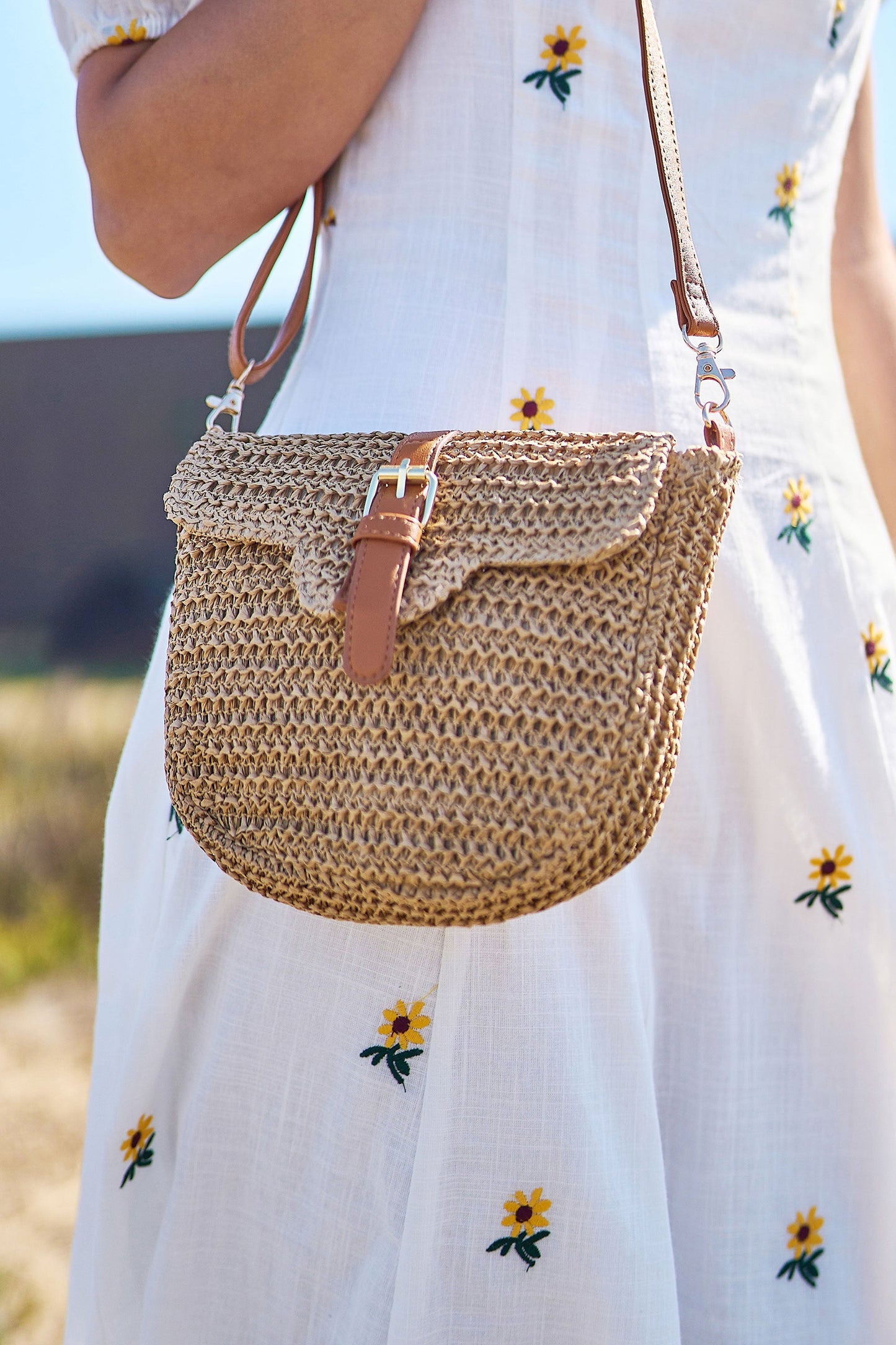 The Raffia Crossbody – Woven with Faux Leather Trim
