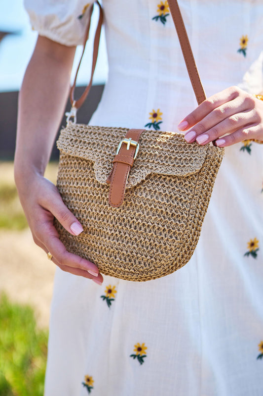 The Raffia Crossbody – Woven with Faux Leather Trim