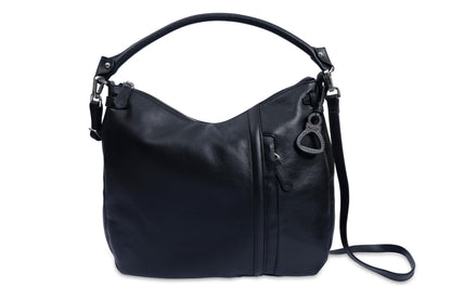 Black leather handbag with a shoulder strap on a white background