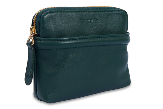 Green leather pouch with a gold zipper on a white background