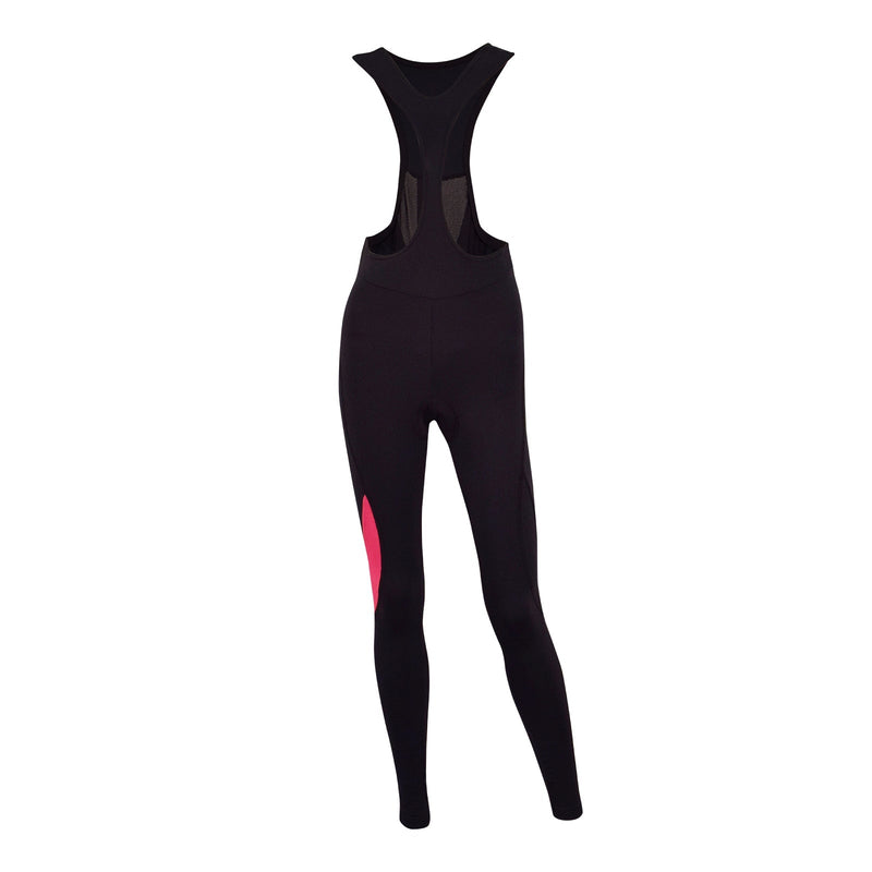Black cycling bib shorts with a pink stripe on a white background