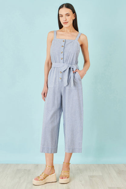 Blue Cotton Stripe Button Through Jumpsuit
