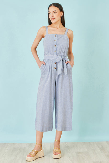 Blue Cotton Stripe Button Through Jumpsuit