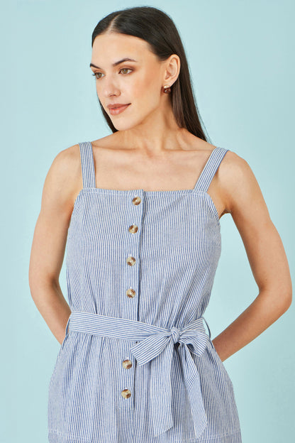 Blue Cotton Stripe Button Through Jumpsuit