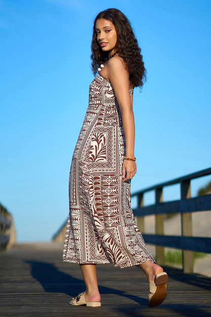Brown Tile Print Maxi Dress With Bead Details