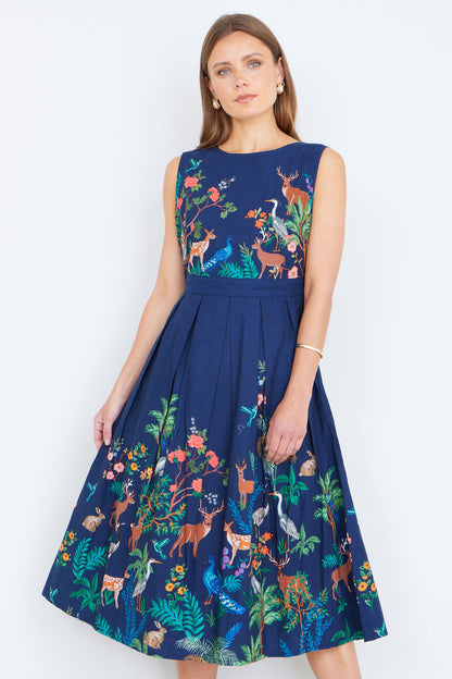 The Woodland – Navy Cotton Midi Skater Dress