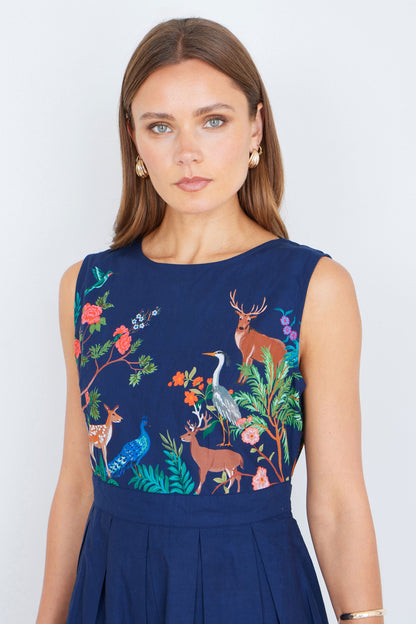 The Woodland – Navy Cotton Midi Skater Dress