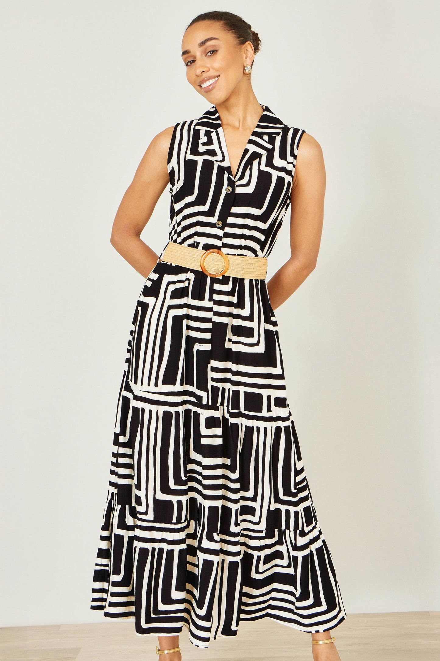 The Geo Print – Black Viscose Midi Shirt Dress