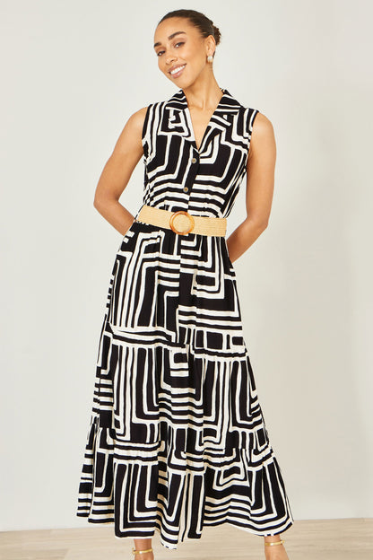 The Geo Print – Black Viscose Midi Shirt Dress