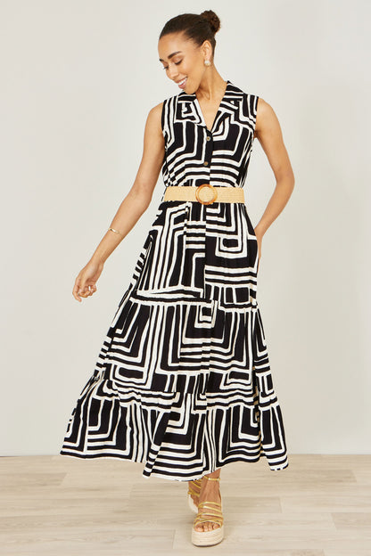The Geo Print – Black Viscose Midi Shirt Dress