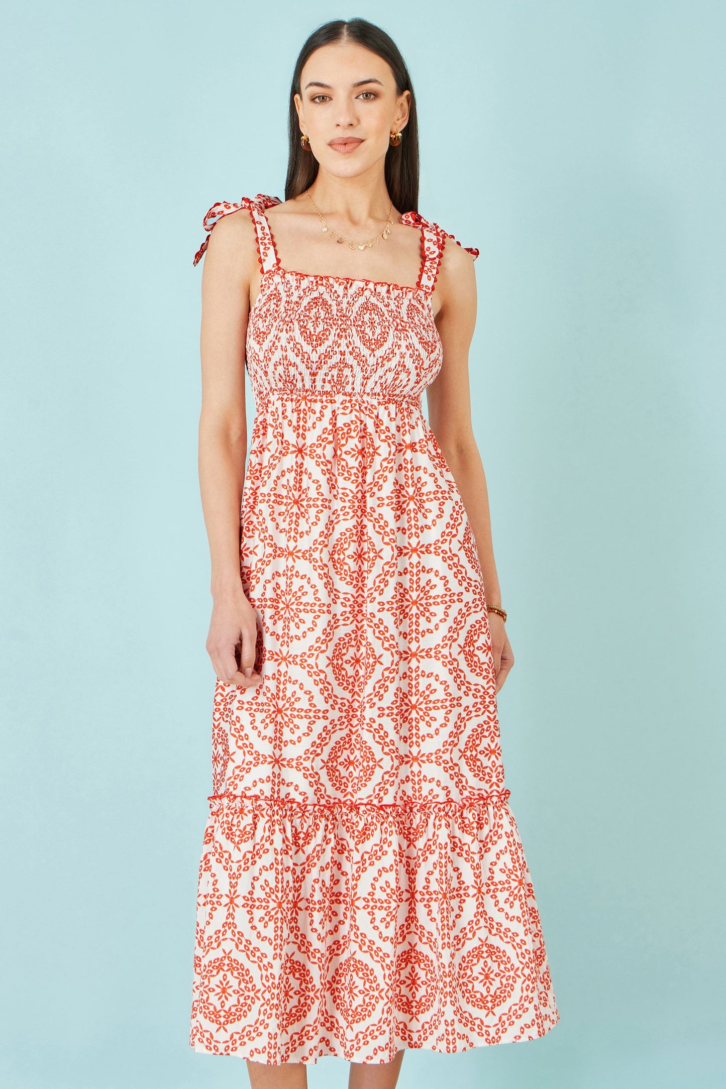 Red Viscose Ruched Tie Strap Midi Sun Dress