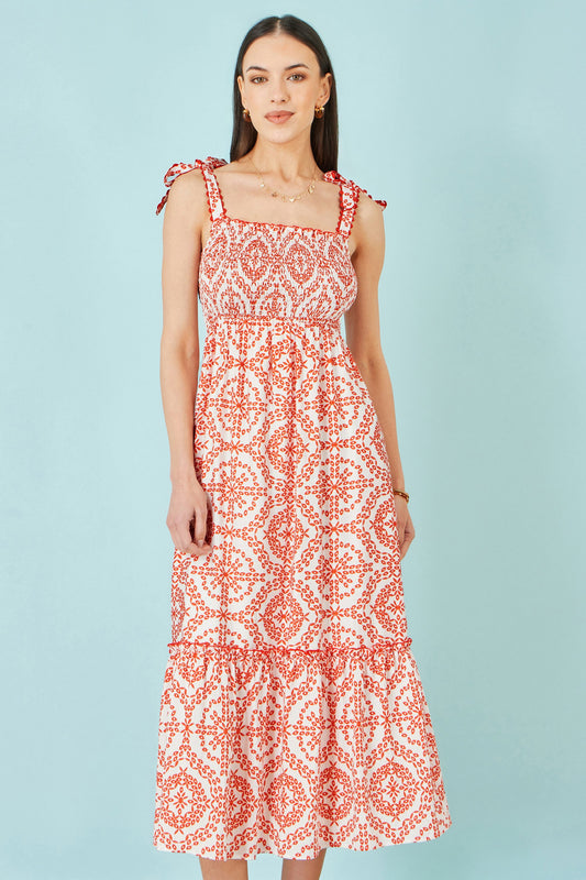 Red Viscose Ruched Tie Strap Midi Sun Dress