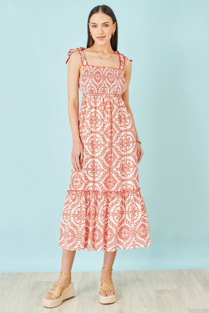 Red Viscose Ruched Tie Strap Midi Sun Dress