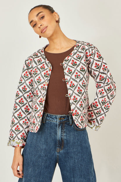 White Peacock Print Reversible Cotton Quilted Jacket