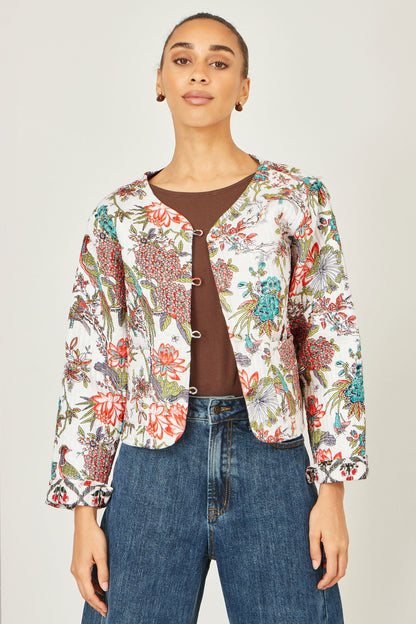 White Peacock Print Reversible Cotton Quilted Jacket
