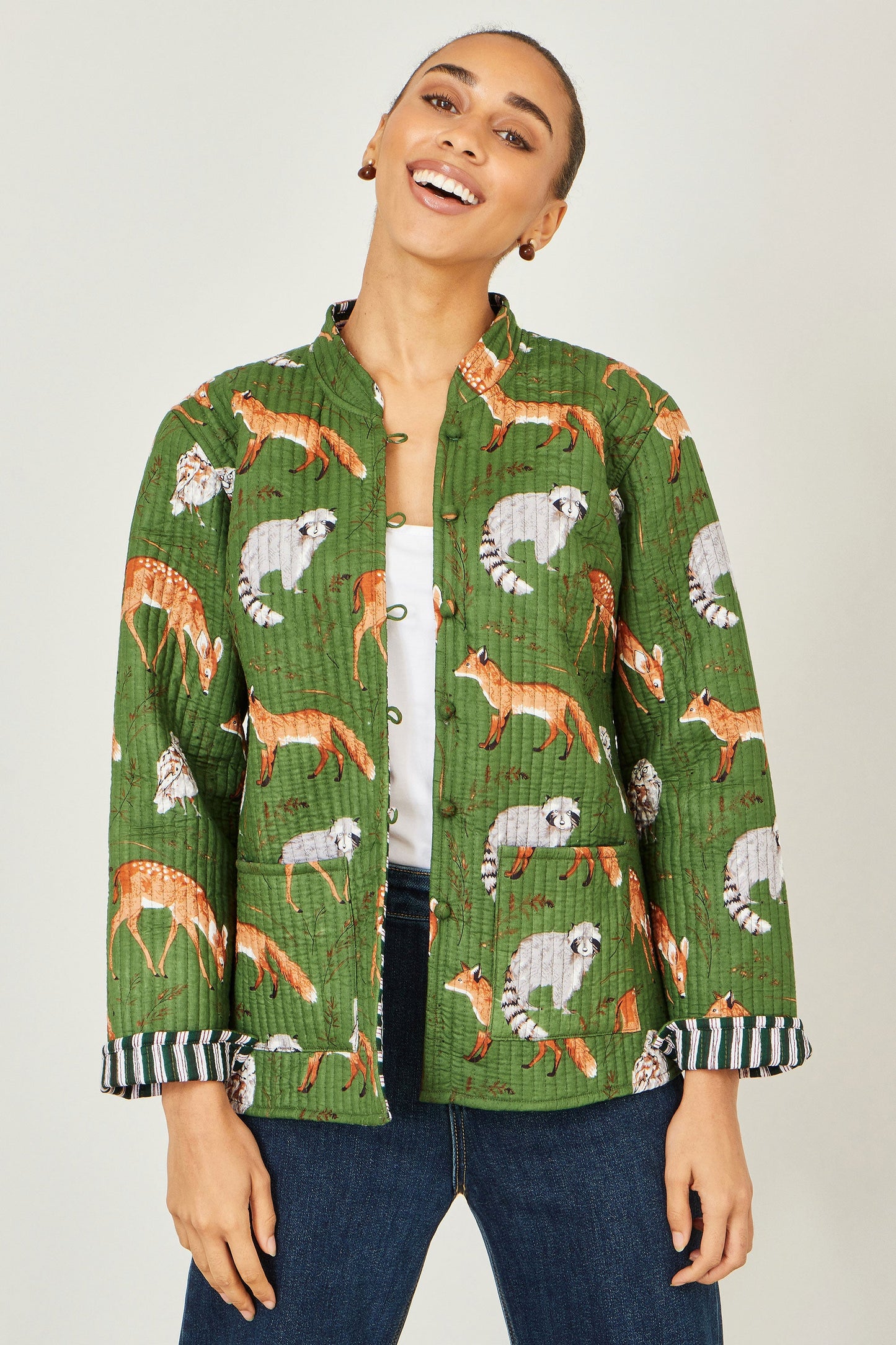 Green Fox Print Reversible Cotton Quilted Jacket