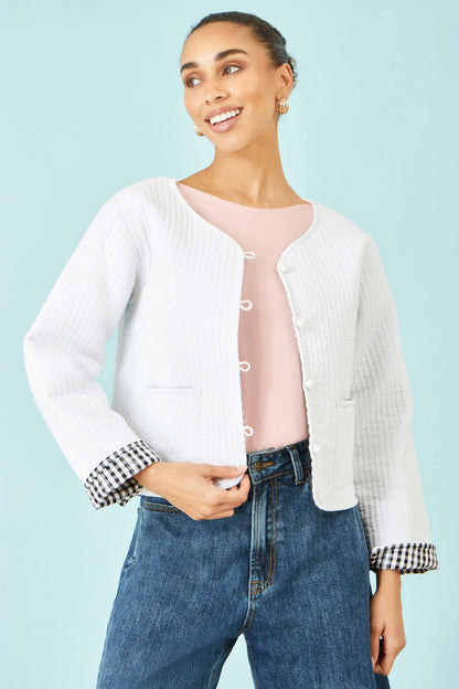 The White Gingham – Reversible Cotton Quilted Cropped Jacket