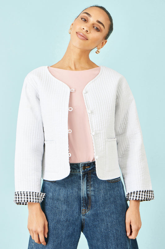 The White Gingham – Reversible Cotton Quilted Cropped Jacket