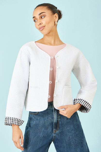 The White Gingham – Reversible Cotton Quilted Cropped Jacket
