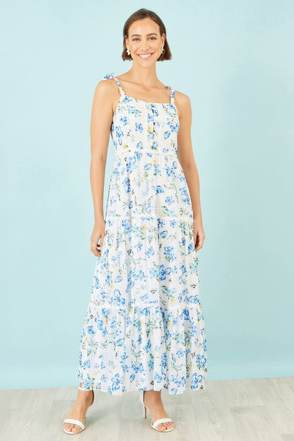 The Butterfly Print – White Tiered Maxi Dress