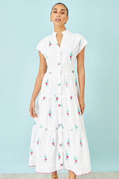 White Cotton Broderie Anglaise Embroidered Midi Dress