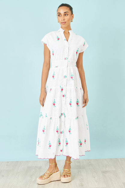 White Cotton Broderie Anglaise Embroidered Midi Dress