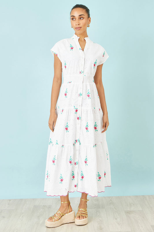 White Cotton Broderie Anglaise Embroidered Midi Dress