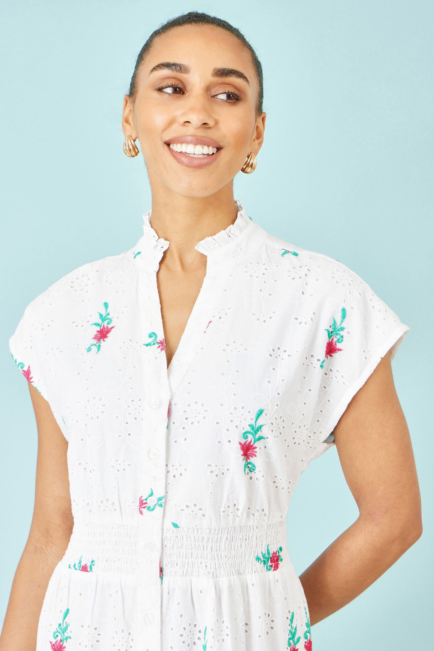 White Cotton Broderie Anglaise Embroidered Midi Dress
