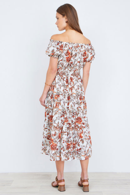 The Off-Shoulder – Orange Floral Midi Dress