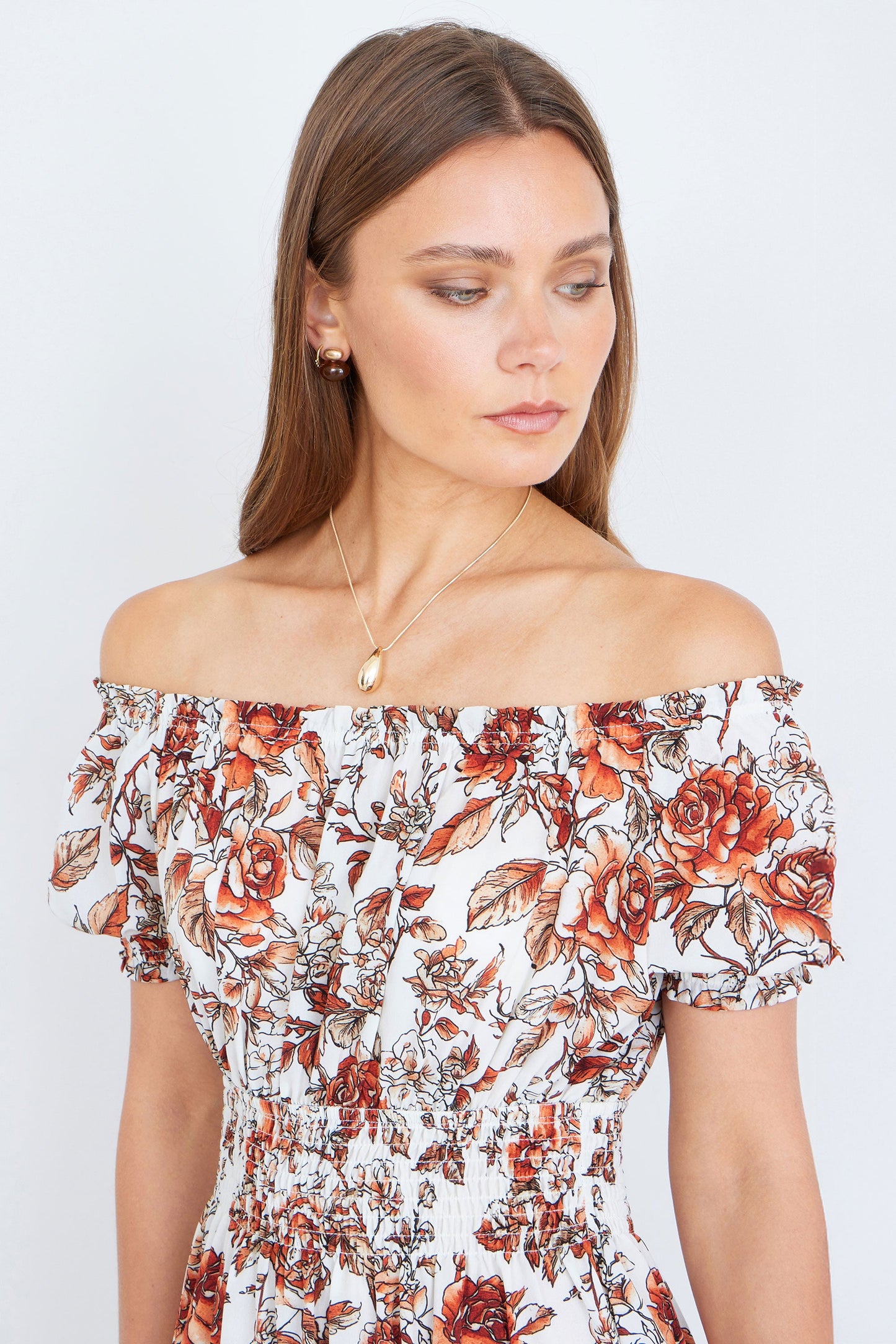 The Off-Shoulder – Orange Floral Midi Dress