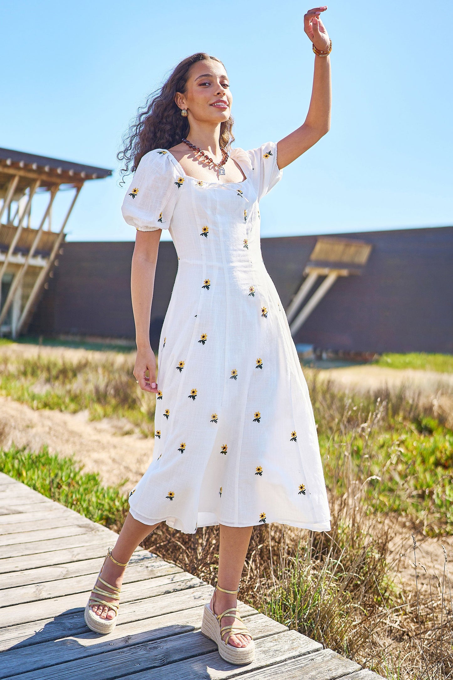 The Sunflower – White Cotton Embroidered Midi Dress