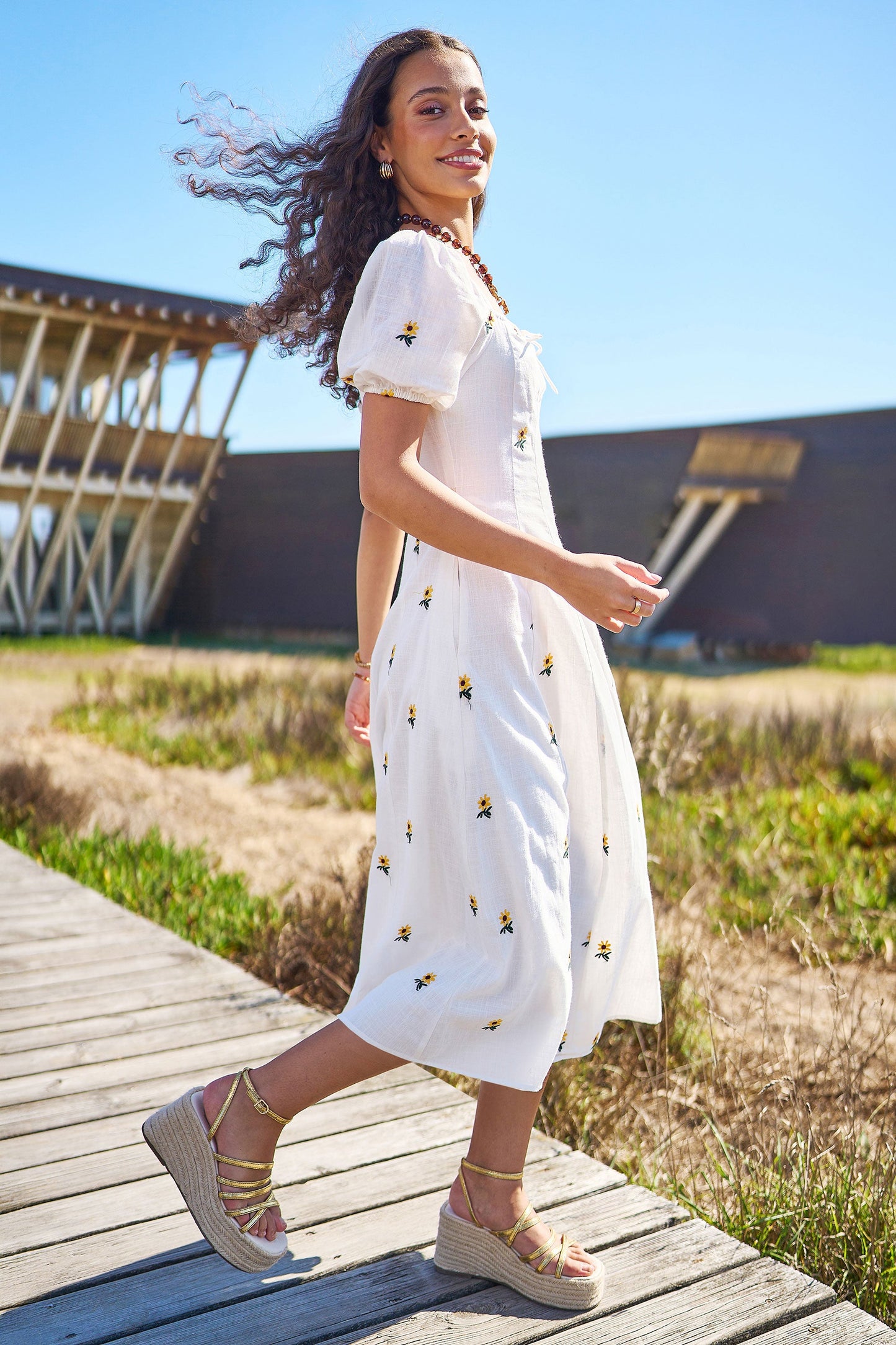 The Sunflower – White Cotton Embroidered Midi Dress