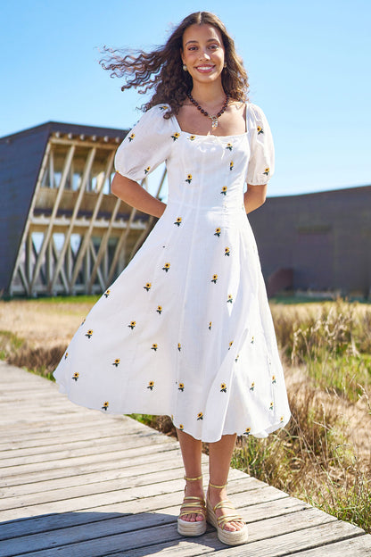 The Sunflower – White Cotton Embroidered Midi Dress