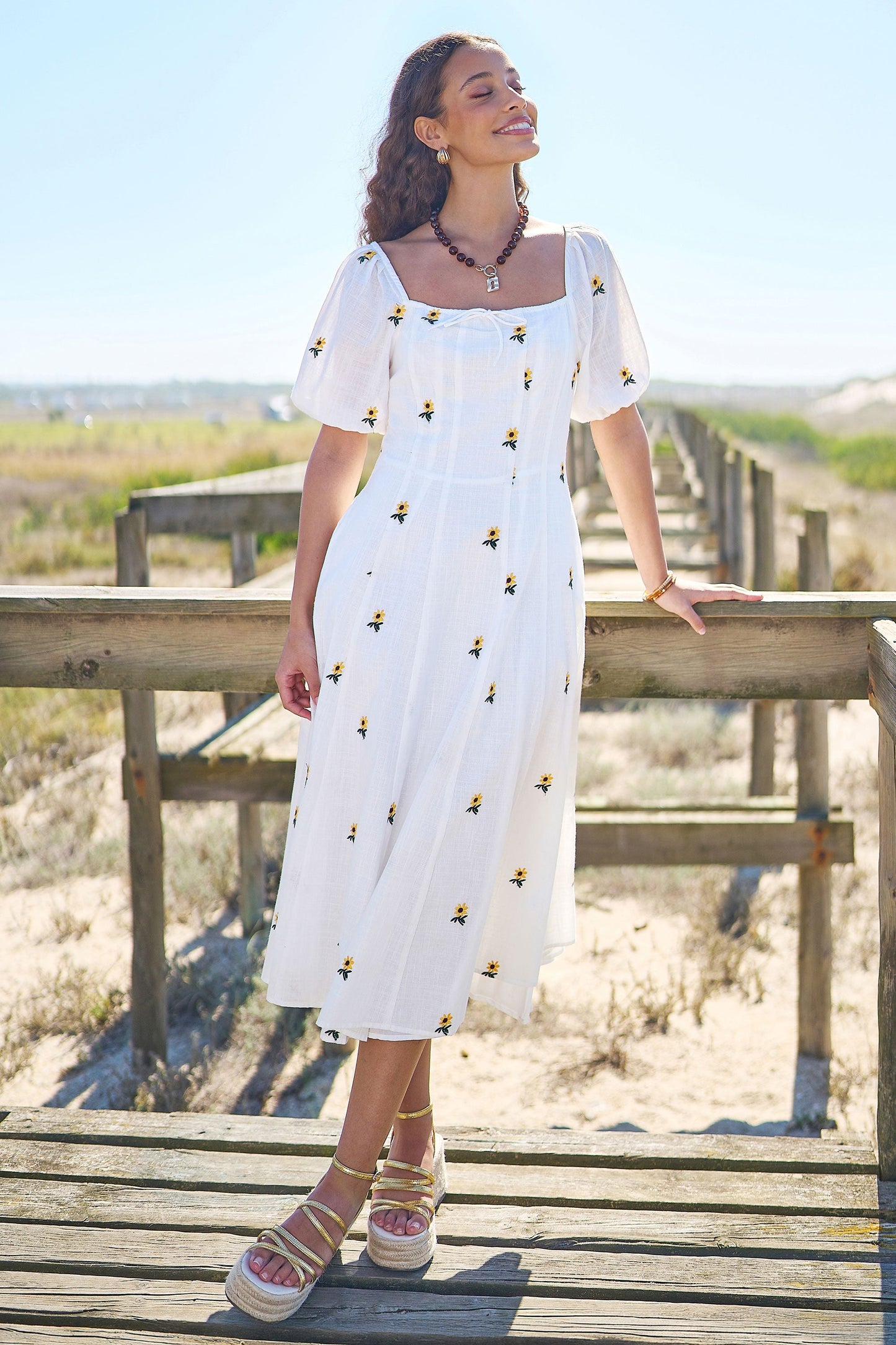 The Sunflower – White Cotton Embroidered Midi Dress