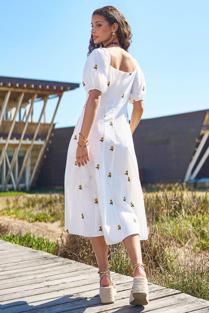 The Sunflower – White Cotton Embroidered Midi Dress