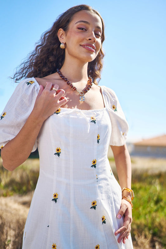 The Sunflower – White Cotton Embroidered Midi Dress