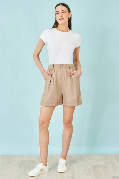 Brown Pleat Front Shorts