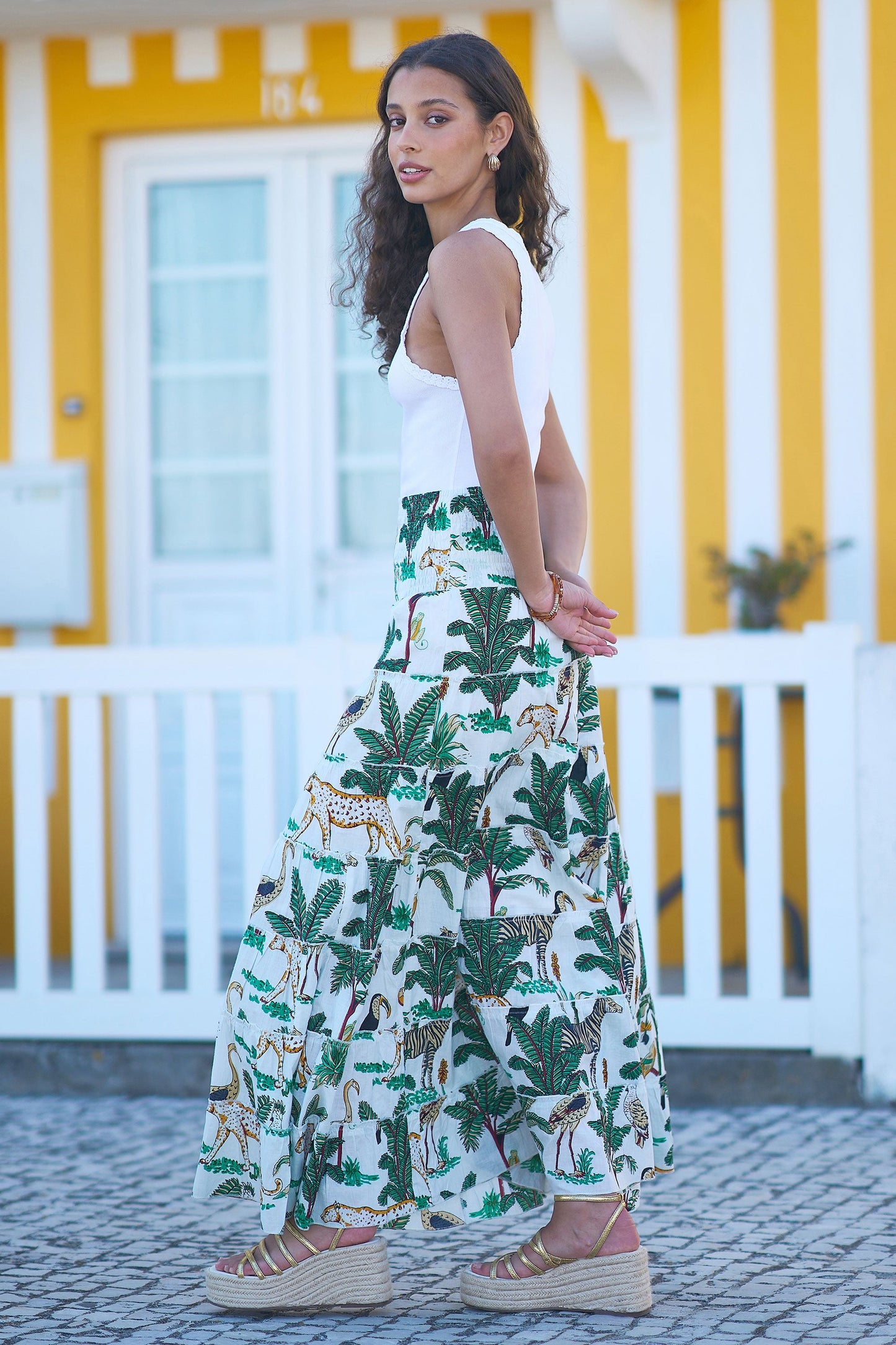 The Animal Print – White Cotton Tiered Maxi Skirt