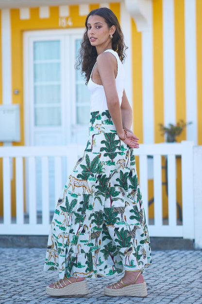 The Animal Print – White Cotton Tiered Maxi Skirt