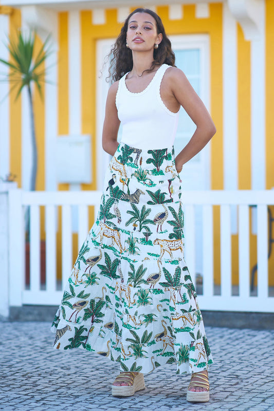 The Animal Print – White Cotton Tiered Maxi Skirt