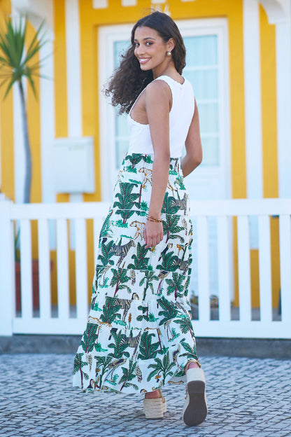 The Animal Print – White Cotton Tiered Maxi Skirt