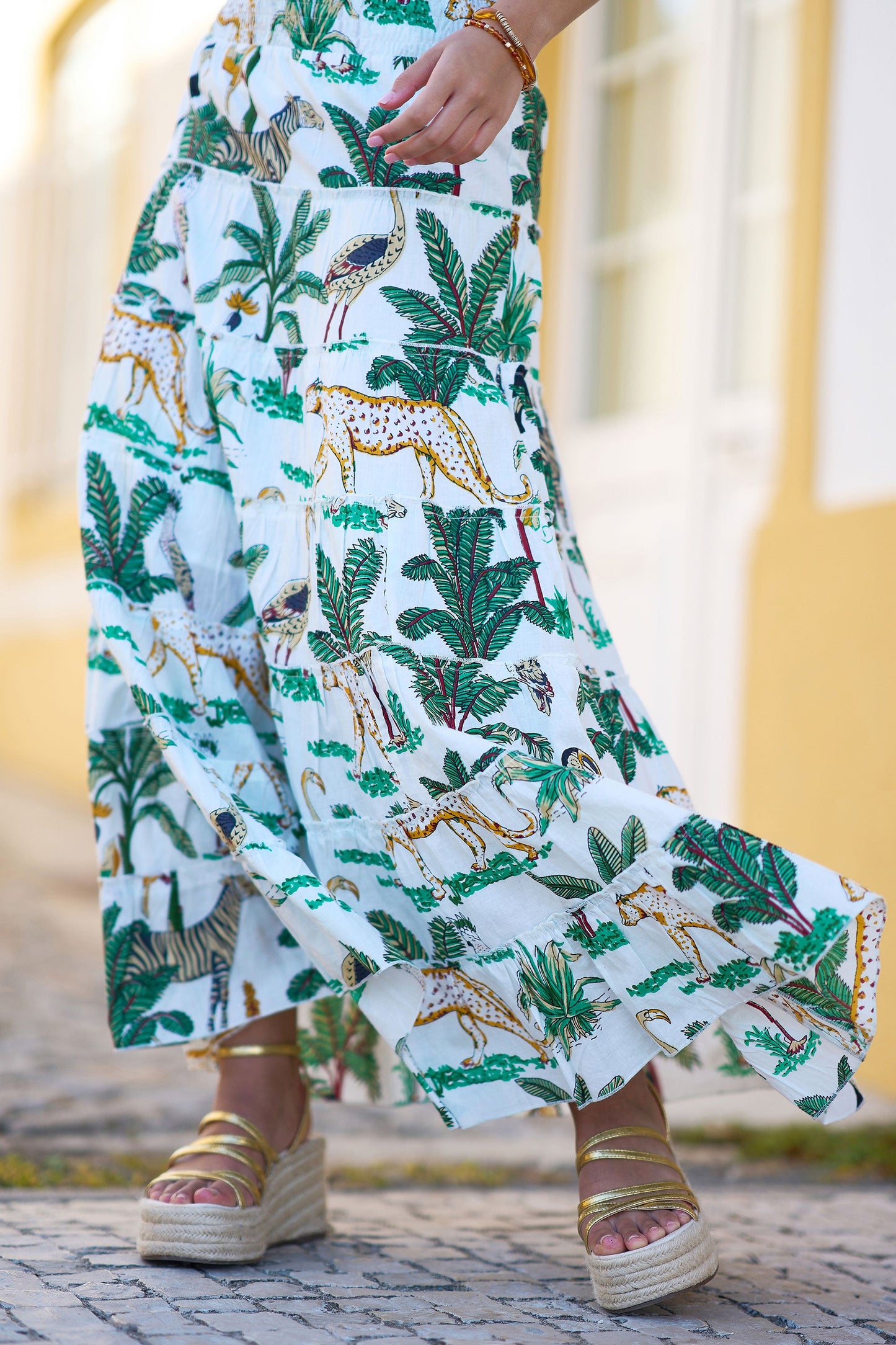 The Animal Print – White Cotton Tiered Maxi Skirt