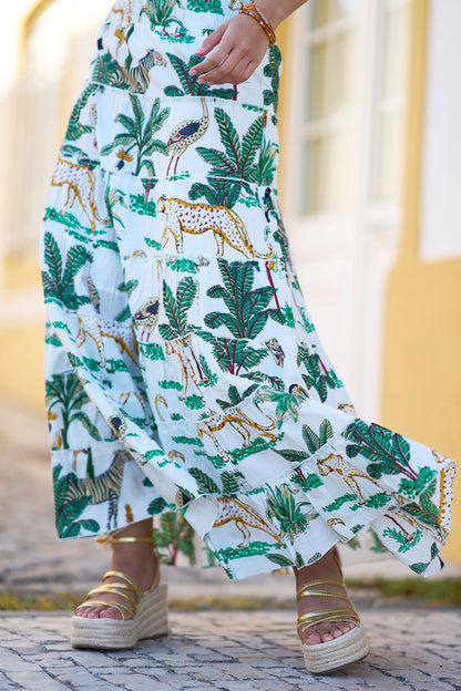 The Animal Print – White Cotton Tiered Maxi Skirt