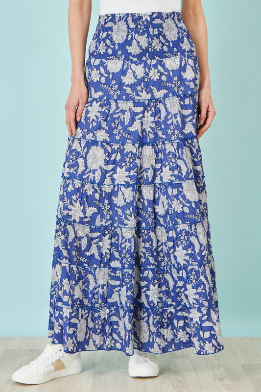 The Blue Floral – Cotton Tiered Maxi Skirt