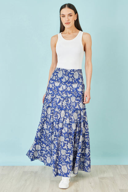 The Blue Floral – Cotton Tiered Maxi Skirt